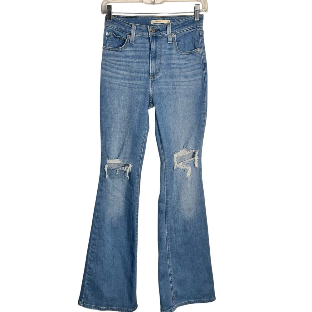 Levi’s 726 High Rise Flare Jeans W26 L32 Distressed Knees Light Wash Denim